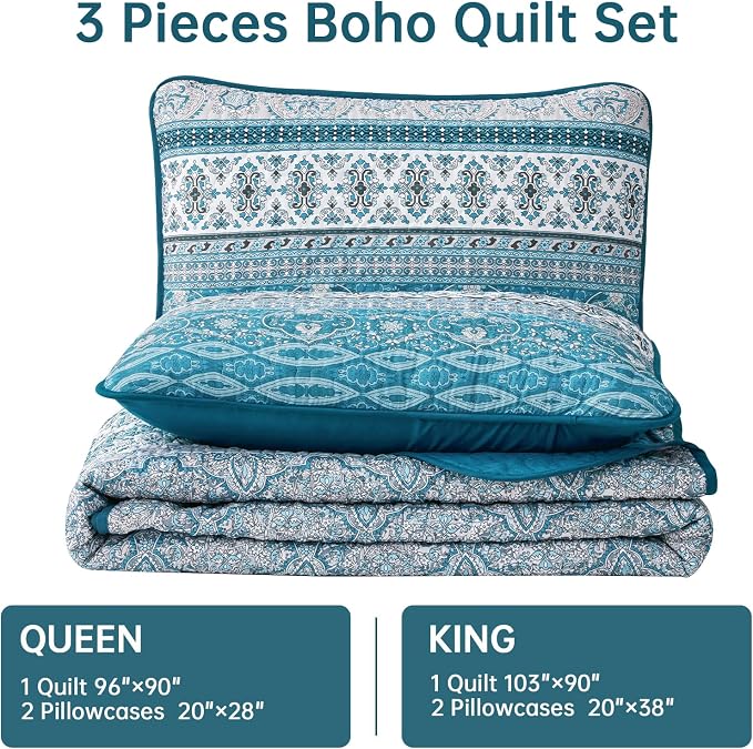 WONGS BEDDING Boho Quilt Set Full, Teal Blue Bohemian Quilt Bedding Set - Image 6