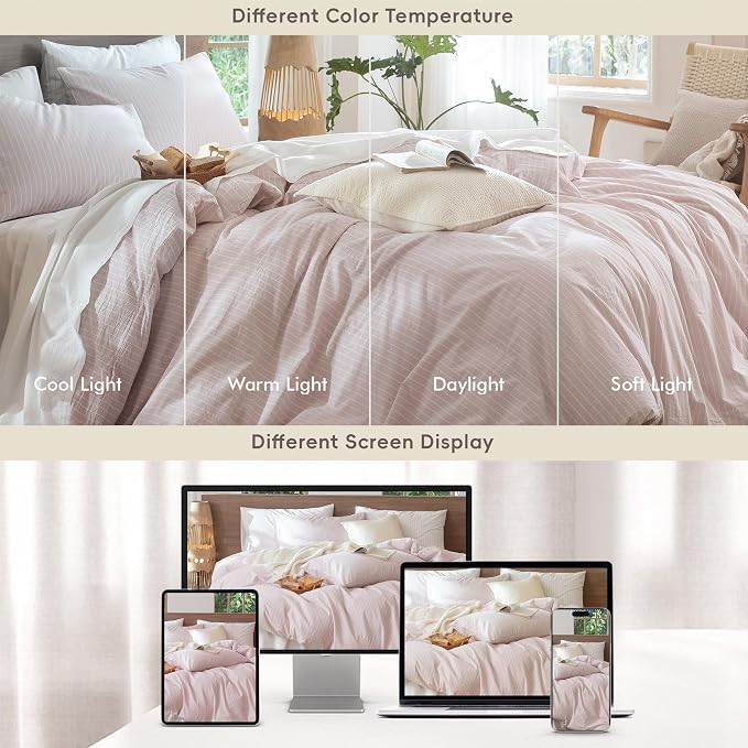 MooMee Striped Duvet Cover Set 100% Washed Cotton Linen Like Textured - Image 7