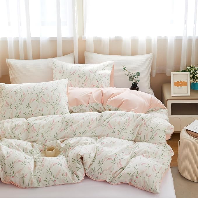 BOLINLIVING Pink Floral Duvet Cover Queen Size, Reversible Botanical Spring - Image 5