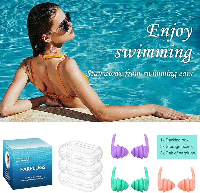 Swimming Ear Plugs for Adults, 3 Pairs Waterproof Reusable Silicone Swim - Image 8