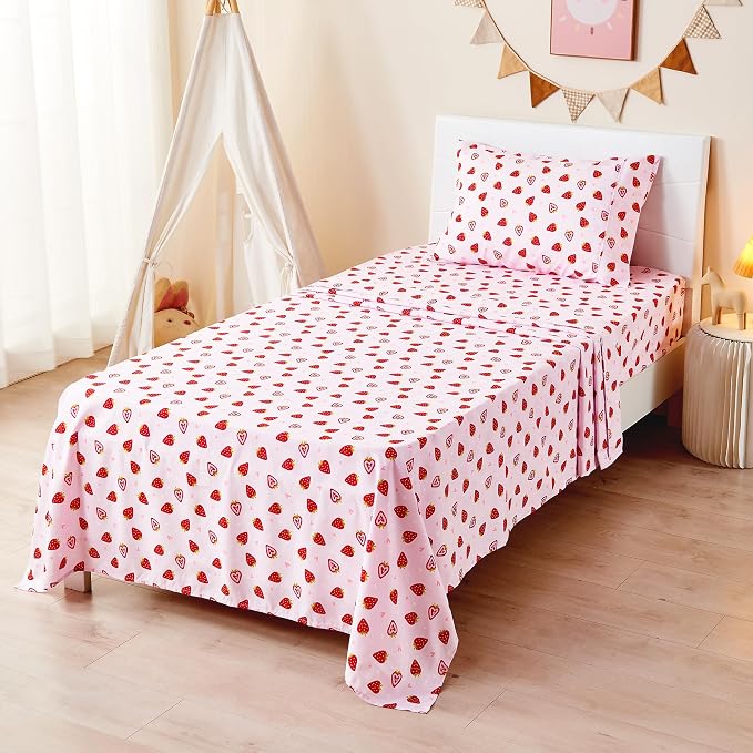 lasoftan Pink Strawberry Printed Kids Sheet Set Twin Size, Bed Sheets - Image 3