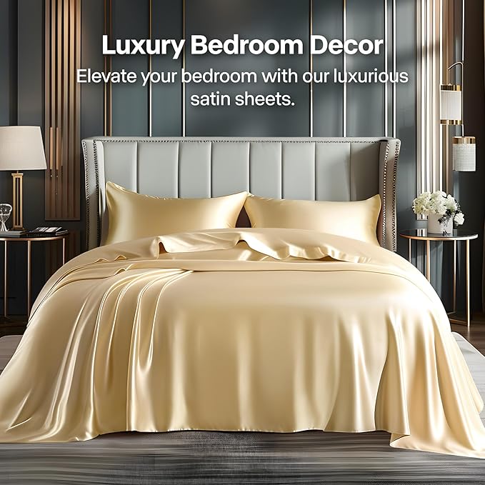 BEDELITE California King Sheets Set, Luxury Soft Champagne Satin Sheets - Image 2