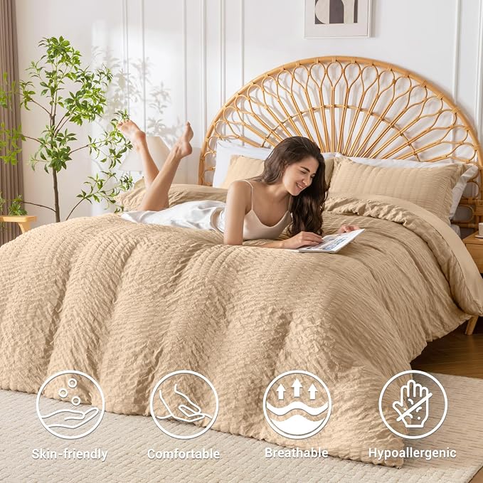 HYMOKEGE Khaki Duvet Cover King Size, Ultra Soft 3-Piece Seersucker Duvet Cover - Image 2