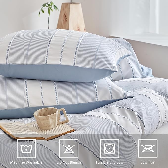 WARMDERN Blue Striped Weave Duvet Cover King Size, Microfiber Textured Bedding - Image 7