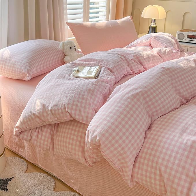 mixinni Light Pink Gingham Duvet Cover Set Twin XL Size - Image 4