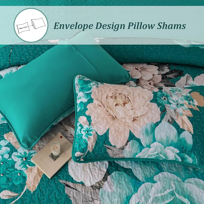 WONGS BEDDING Teal Boho Floral Quilt Set Queen, Elegant Flower Bedspread - Image 4