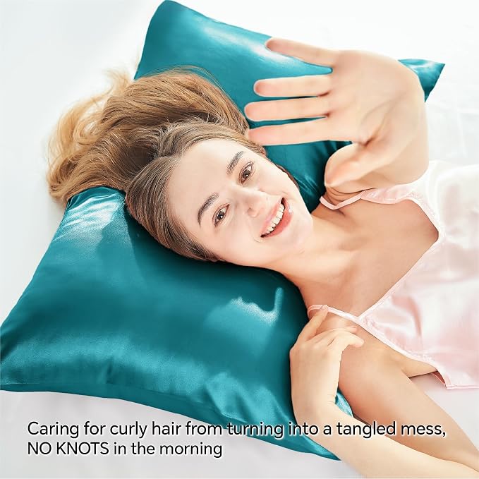 BEDELITE Satin Pillowcase with Zipper, Teal Pillow Cases Queen Size Set of 2 - Image 4