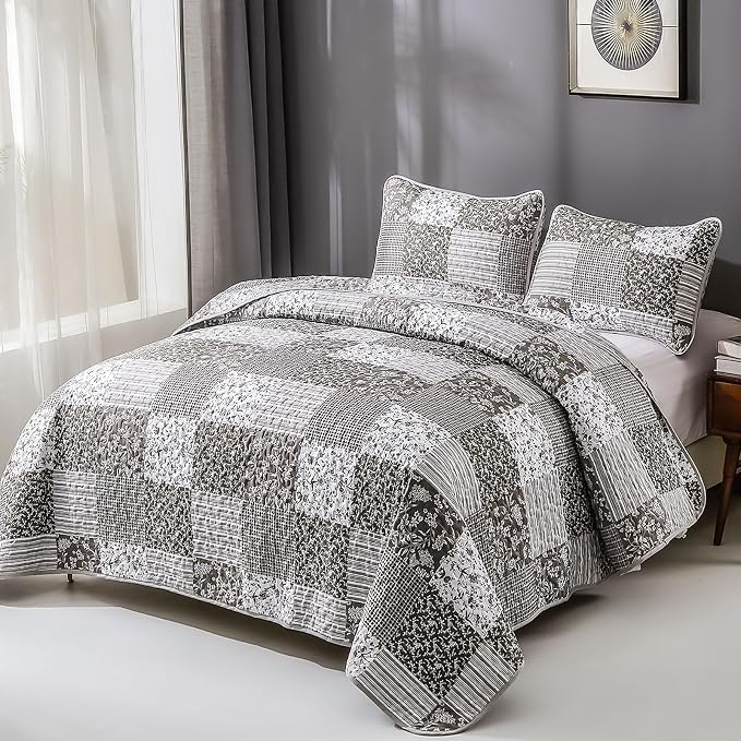 Mybedsoul Grey Boho Quilt Set Queen Size, 3 Pieces Plaid Floral Bedspread - Image 2