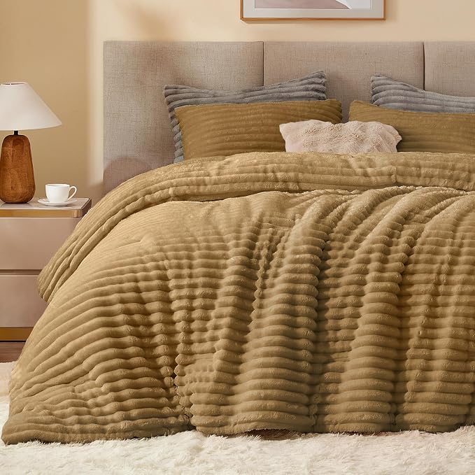 BEDELITE Fleece California King Comforter Set -Super Soft & Warm Fluffy Brown - Image 3