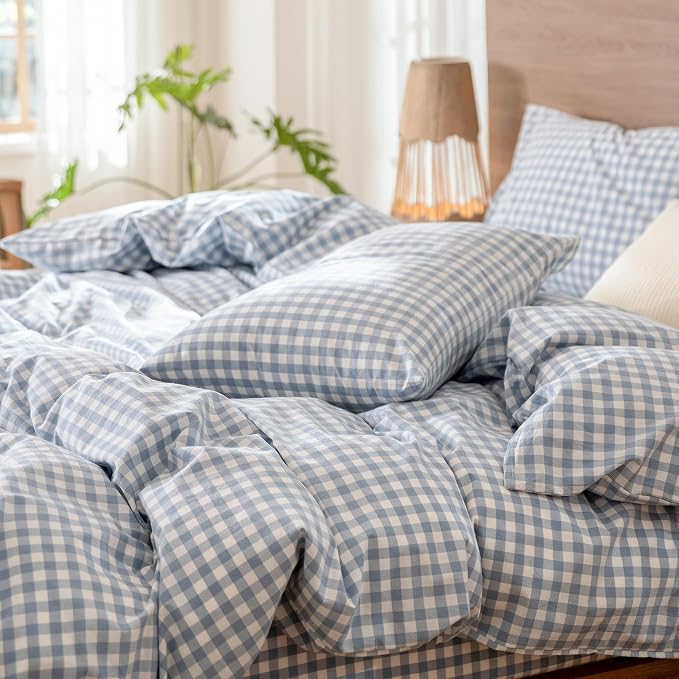MooMee Gingham Duvet Cover Set 100% Washed Cotton Linen Like Textured - Image 8