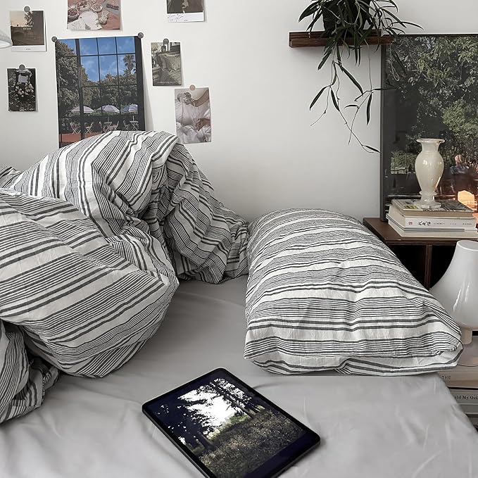 mixinni Vintage Gray & White Striped Duvet Cover Set - Image 8