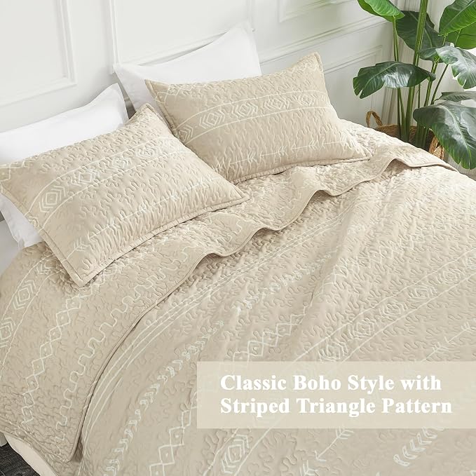 Andency Beige Twin Quilt Set, 2 Pieces Boho Lightweight Soft Striped Bedspread - Image 4
