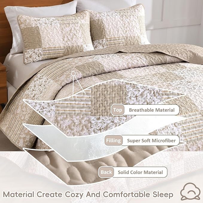 Mybedsoul Beige Boho Quilt Set Queen Size, 3 Pieces Plaid Floral Bedspread Set - Image 3