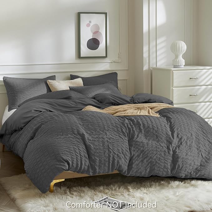 JELLYMONI Charcoal Grey Duvet Cover King Size, Soft Breathable Seersucker Duvet - Image 3