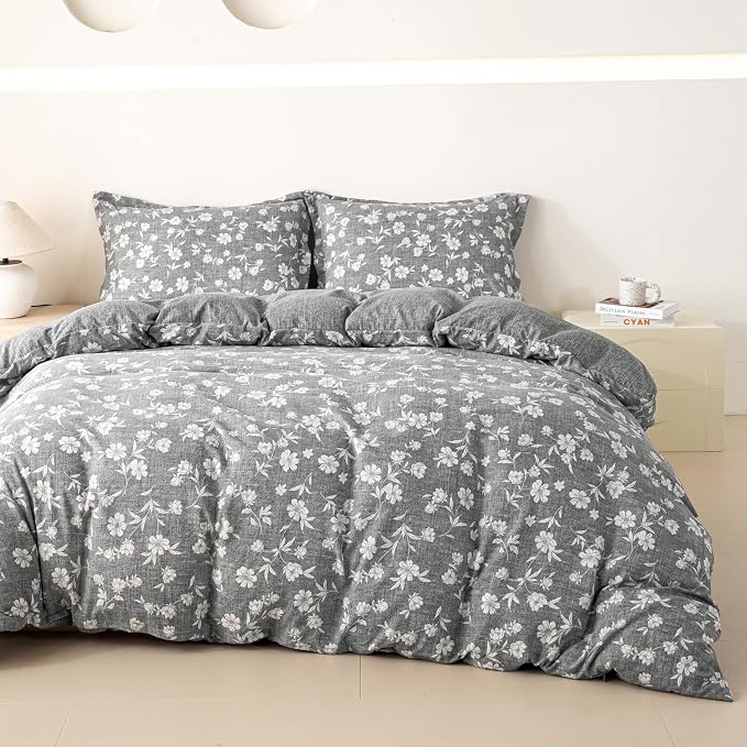 OAITE Grey Flower King Size Duvet Cover-3 Pieces Prewashed Cotton-Like by OAITE