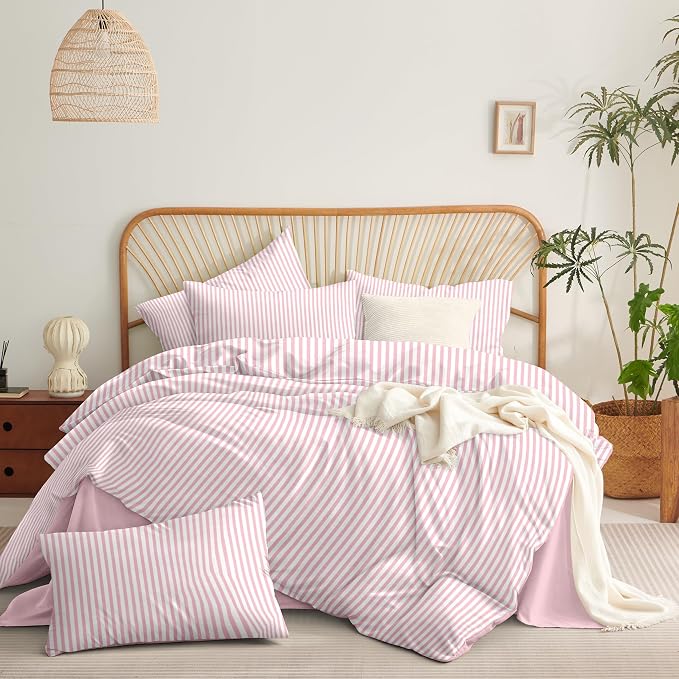 Nayoroom Pink Striped Duvet Cover Queen Size White Stripe Duvet Cover Dorm - Image 4