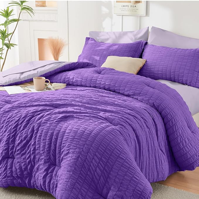 HYMOKEGE Dark Purple/Lavender California King Comforter Set Seersucker 7 Pieces by HYMOKEGE
