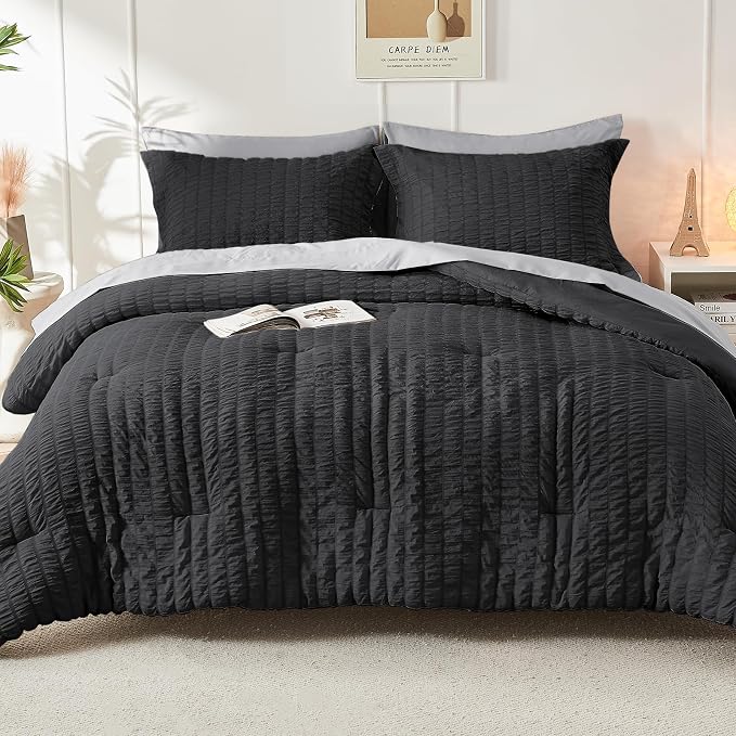 HYMOKEGE Black/Light Grey Twin Comforter Set Seersucker 5 Pieces, All Season - Image 7