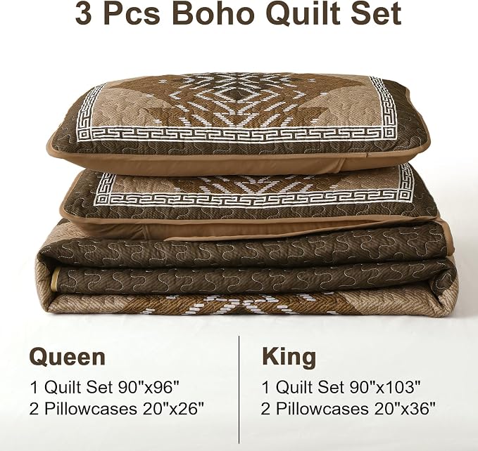 Dintszyayue Brown Quilt Set King Size Boho Aztec Texture Bedspread Coverlet Set - Image 8