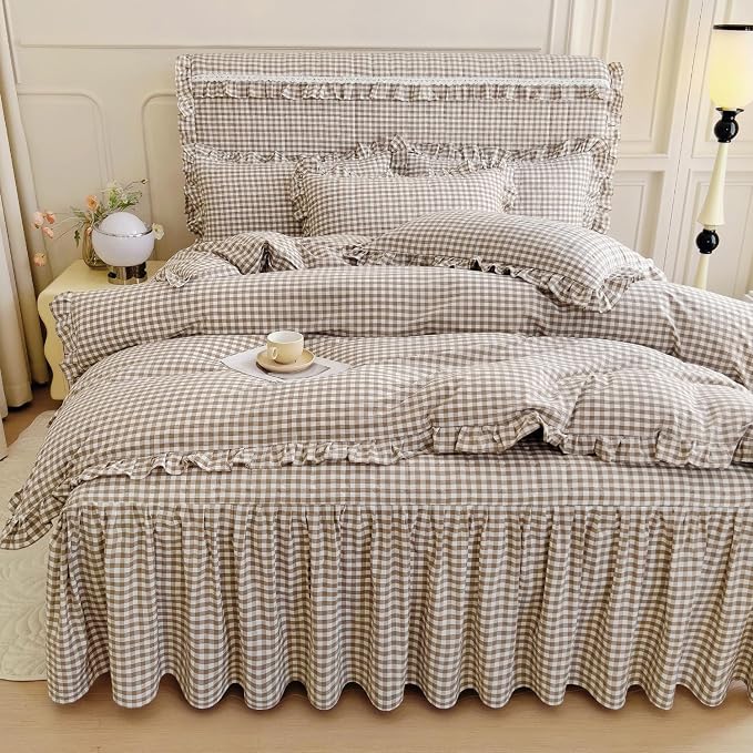 mixinni Tan Gingham Ruffle Duvet Cover Queen Size 3 Pieces – 100% Washed Cotton - Image 3