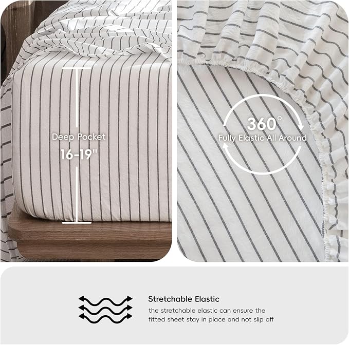 MooMee Fitted Bottom Sheet Only 100% Washed Cotton Linen Like Textured - Image 3