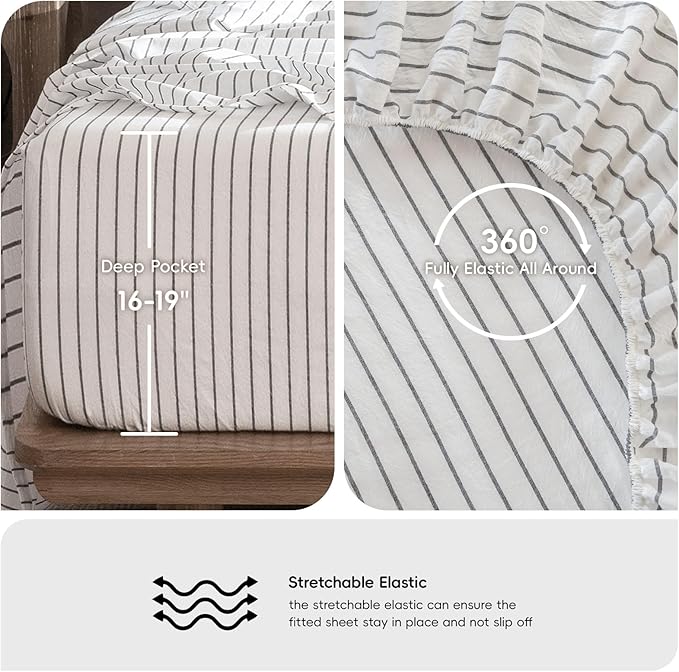 MooMee Fitted Bottom Sheet Only 100% Washed Cotton Linen Like Textured - Image 3