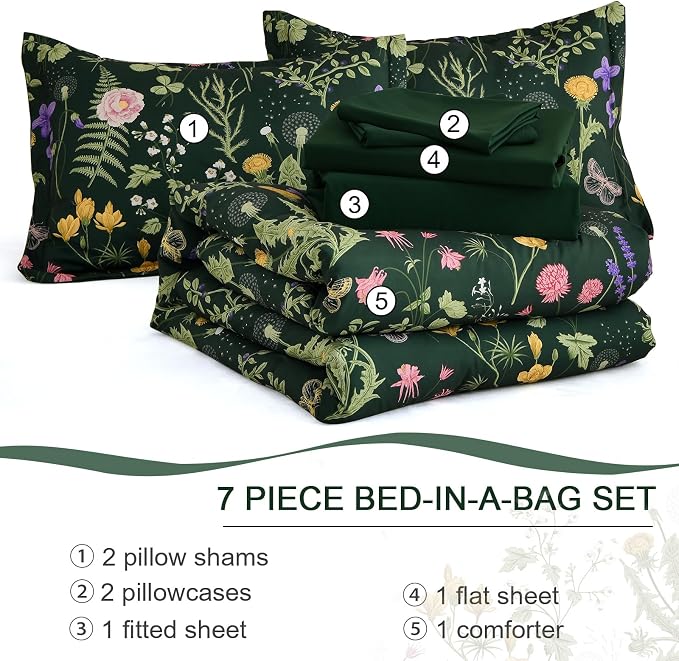 Yiran King Size Comforter Set 7 Piece, Dark Green Floral Bedding Set, Bed in a - Image 7