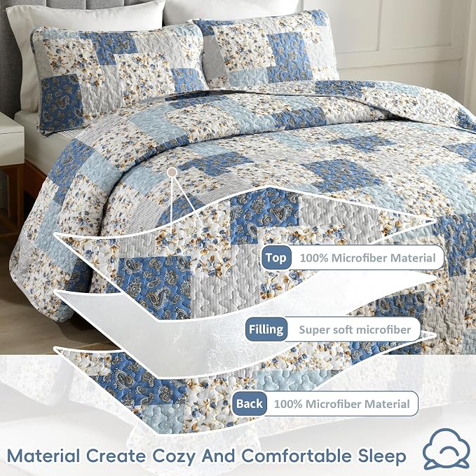 Mybedsoul Light Blue Quilt Set Queen Size, 3 Pieces Boho Plaid Floral Bedspread - Image 3