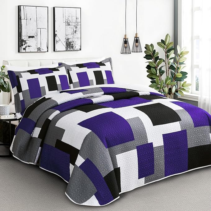 Tyrot 3 Piece Dark Purple Grey Quilt Set Full/Queen Size Black White Geometric - Image 2