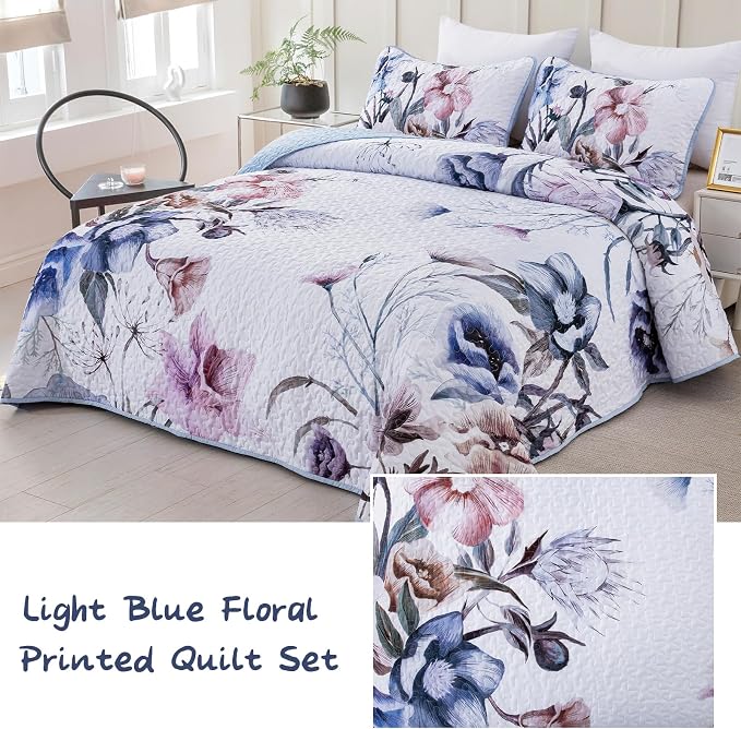 Floral Quilt Set Queen 3 Pieces Light Blue Floral Quilt Coverlet Set Soft - Image 2
