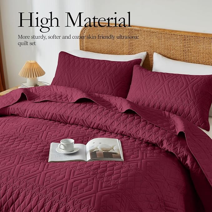 akkialla Full/Queen Quilt Set, Burgundy Lightweight Microfiber Bedspread - Image 4