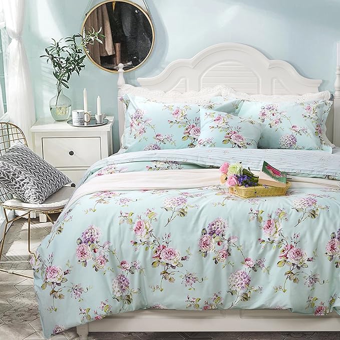 FADFAY Floral Duvet Cover Queen 100% Cotton Blue Green Farmhouse Bedding Super by CottonWorldSweetDream
