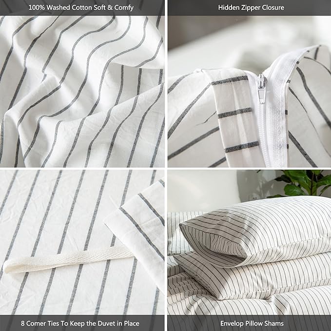 MooMee Striped Duvet Cover Set 100% Washed Cotton Linen Like Textured - Image 6