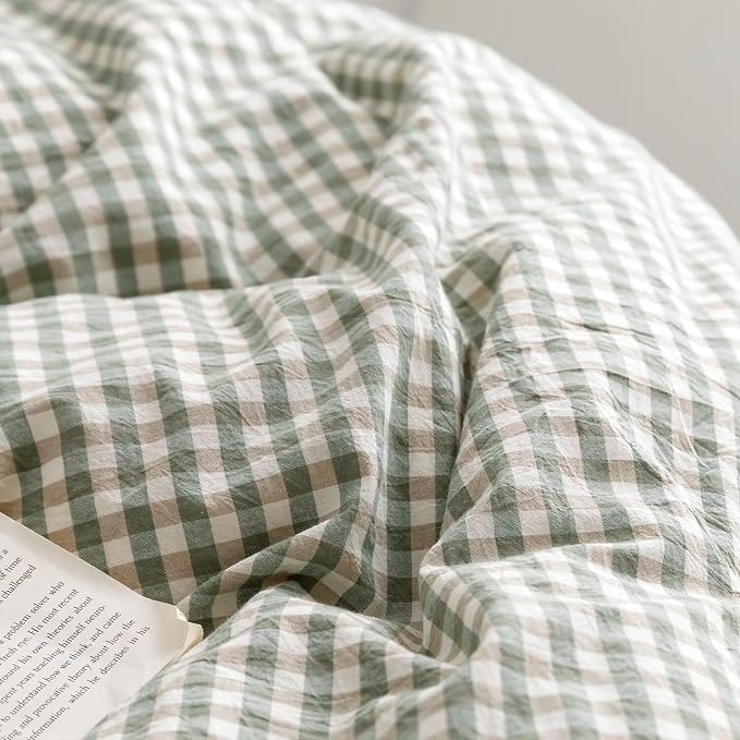 mixinni Green Gingham Ruffle Duvet Cover Queen Size 3 Pieces – 100% Washed - Image 8