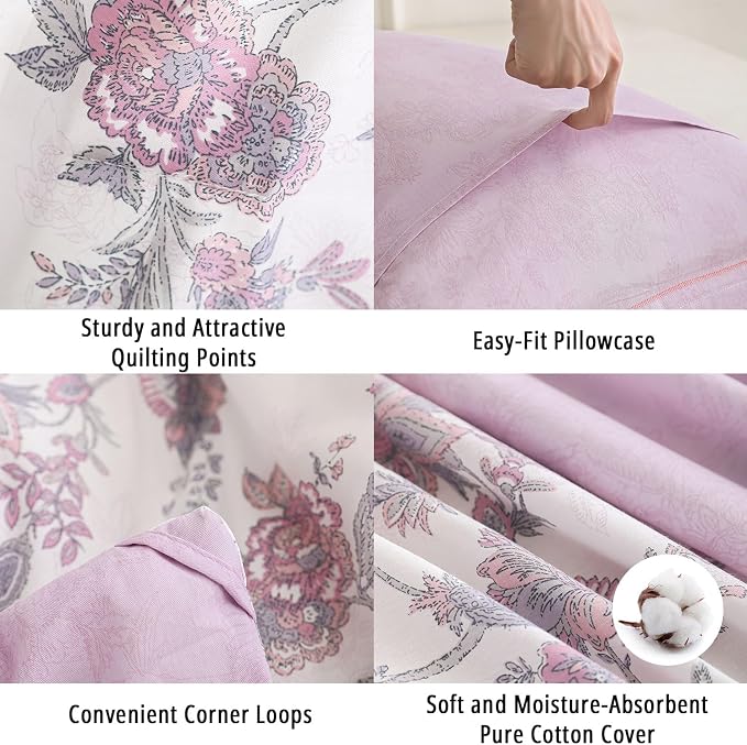 LEMIROE Pink Floral Cotton Comforter King Size 3PC - Image 5