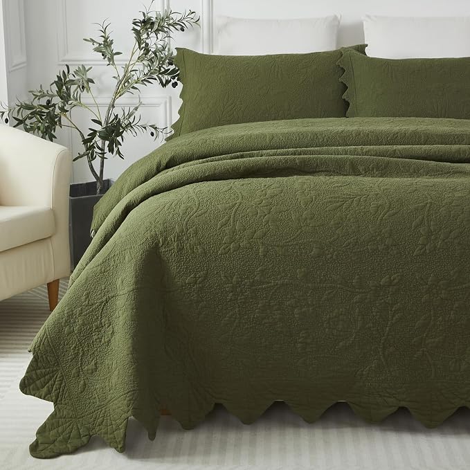 Brandream Olive Green Floral Vine Cotton Quilt Set King Size Luxury Scalloped - Image 2