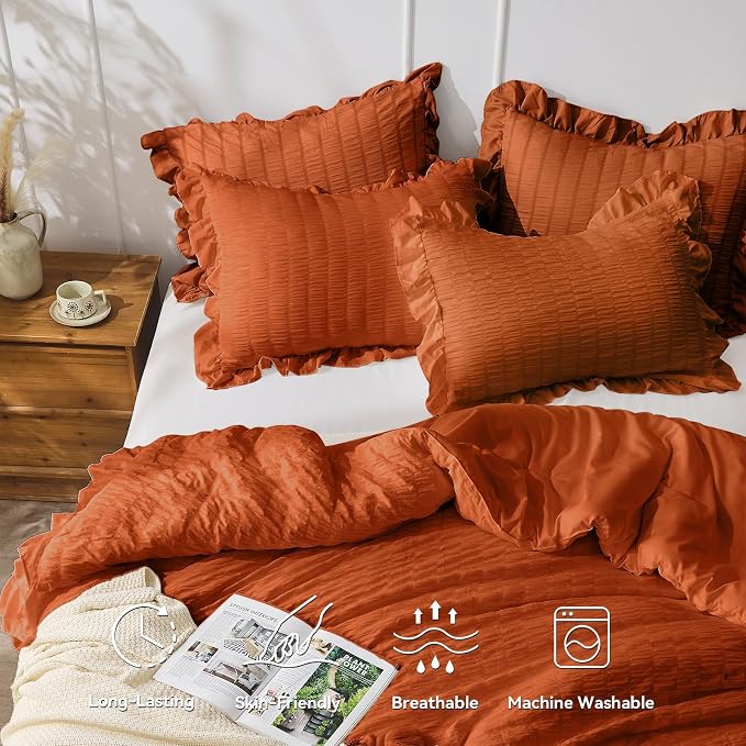 JOLLYVOGUE Burnt Orange Queen Comforter Set, 3 Pieces Seersucker Comforters - Image 3