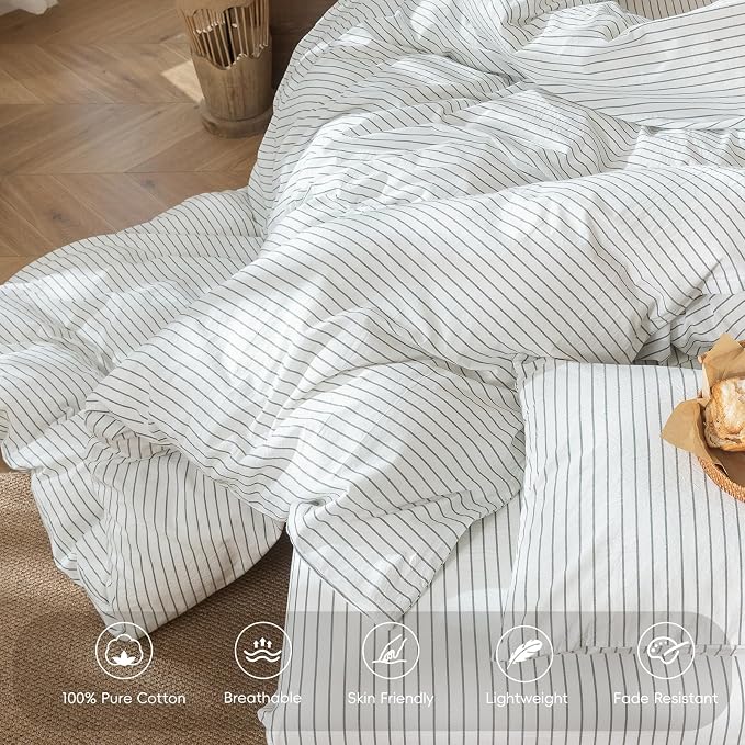 MooMee Striped Duvet Cover Set 100% Washed Cotton Linen Like Textured - Image 3