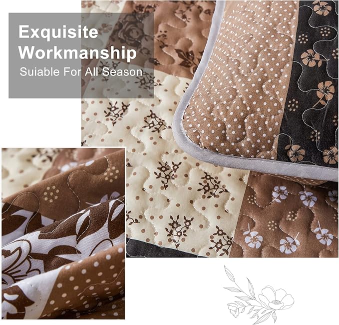 Mybedsoul Brown Patchwork Quilt Set California King Size, 3 Pieces Khaki Floral - Image 3