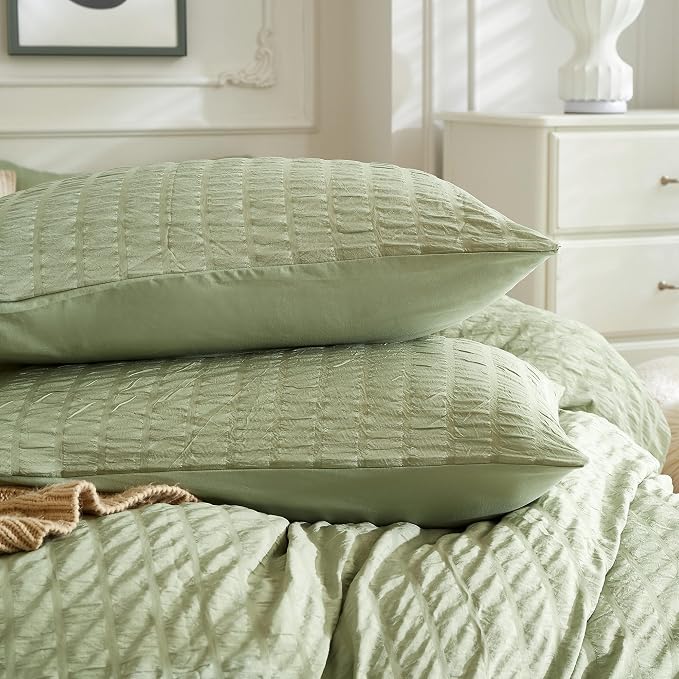JELLYMONI Green Duvet Cover Oversized Queen Size, Soft Breathable Seersucker - Image 7