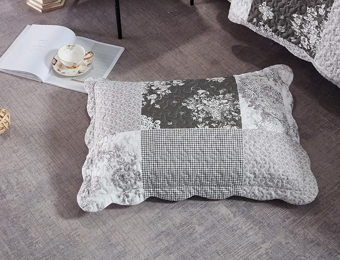 Brilliant Sunshine Grey Toile Floral Patchwork, 3-Piece Quilt Set - Image 4