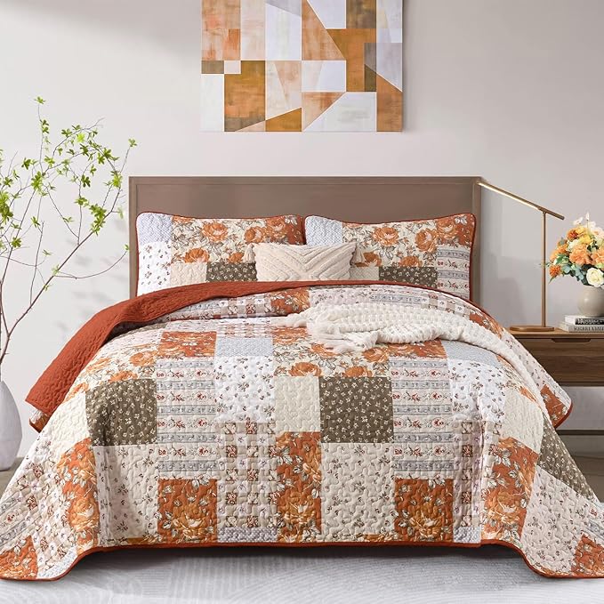Patchwork Quilts Set Queen Size 3 Pieces Terracotta Plaid Bedspread Coverlet Set by Anibedding
