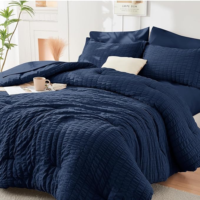 HYMOKEGE Navy Blue Twin XL Comforter Set Seersucker 5 Pieces, All Season Luxury - Image 8