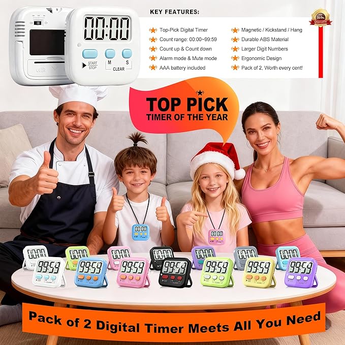 Antonki 2 Pack Digital Timer for Kids, Magnetic Countdown Kitchen Timers for - Image 8