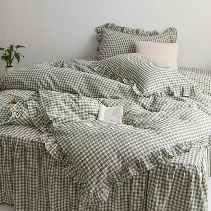 MKXI Sage Green Gingham Duvet Cover Queen, 3-Piece Ruffled Bedding Set by MKXI