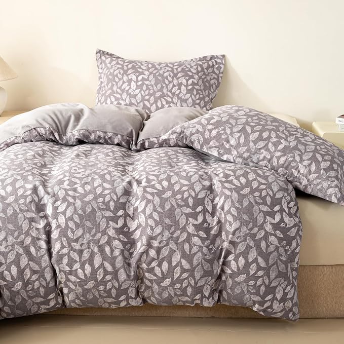 OAITE Grey Fallen Leaves King Size Duvet Cover-3 Pieces Prewashed Cotton-Like - Image 3