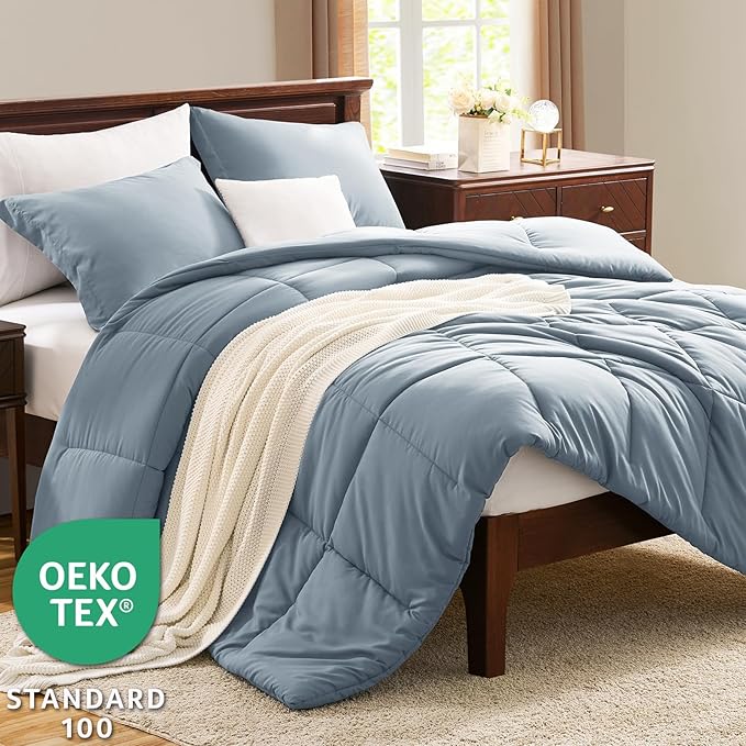 CozyLux Oversized Queen Comforter Set, 3 Pieces Grayish Blue 98x98 Box Stitched - Image 3