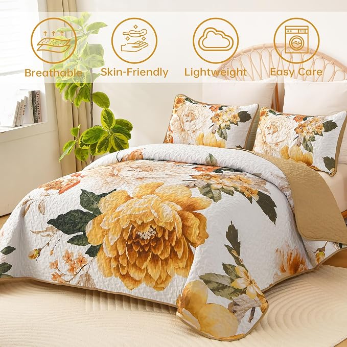 WONGS BEDDING Yellow Floral Quilt Set King, 3 Pieces Reversible Lightweight - Image 2