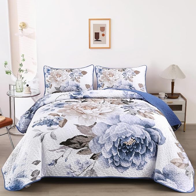 WONGS BEDDING Floral Quilt Set 3 Pieces Blue Quilted Printed Bedspreads Bedding by WONGSBEDDING