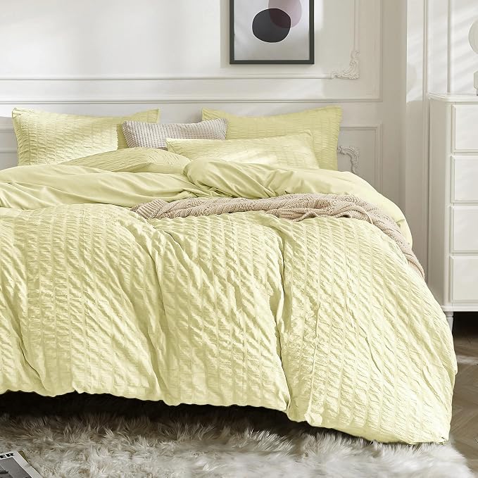 JELLYMONI Light Yellow Duvet Cover Full Size, Soft Breathable Seersucker Duvet by JELLYMONI